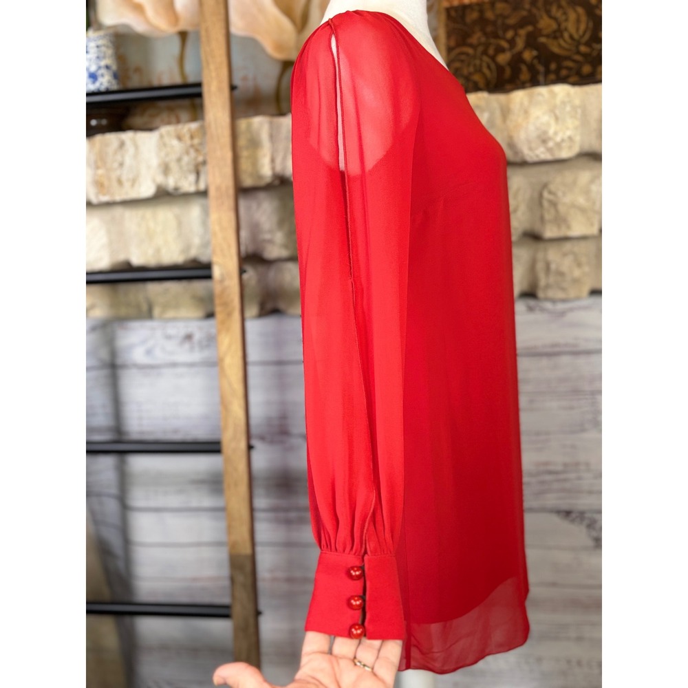 A Byer Red Open Slit Sheer Arm Long Sleeve Shift Mini Dress Womens XS - Picture 6 of 14